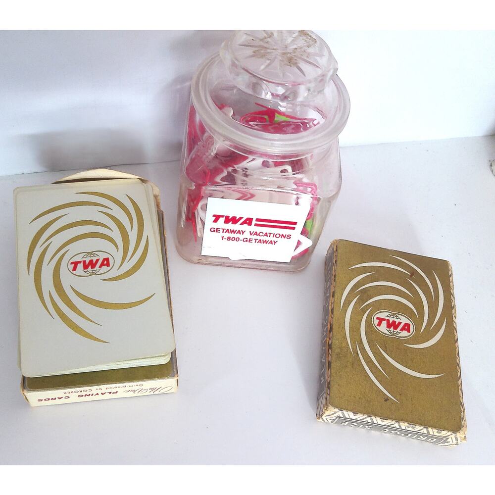 Vintage TWA Airline Cards & Paper Clip Jar Desk Set Retro Aviation Collectible